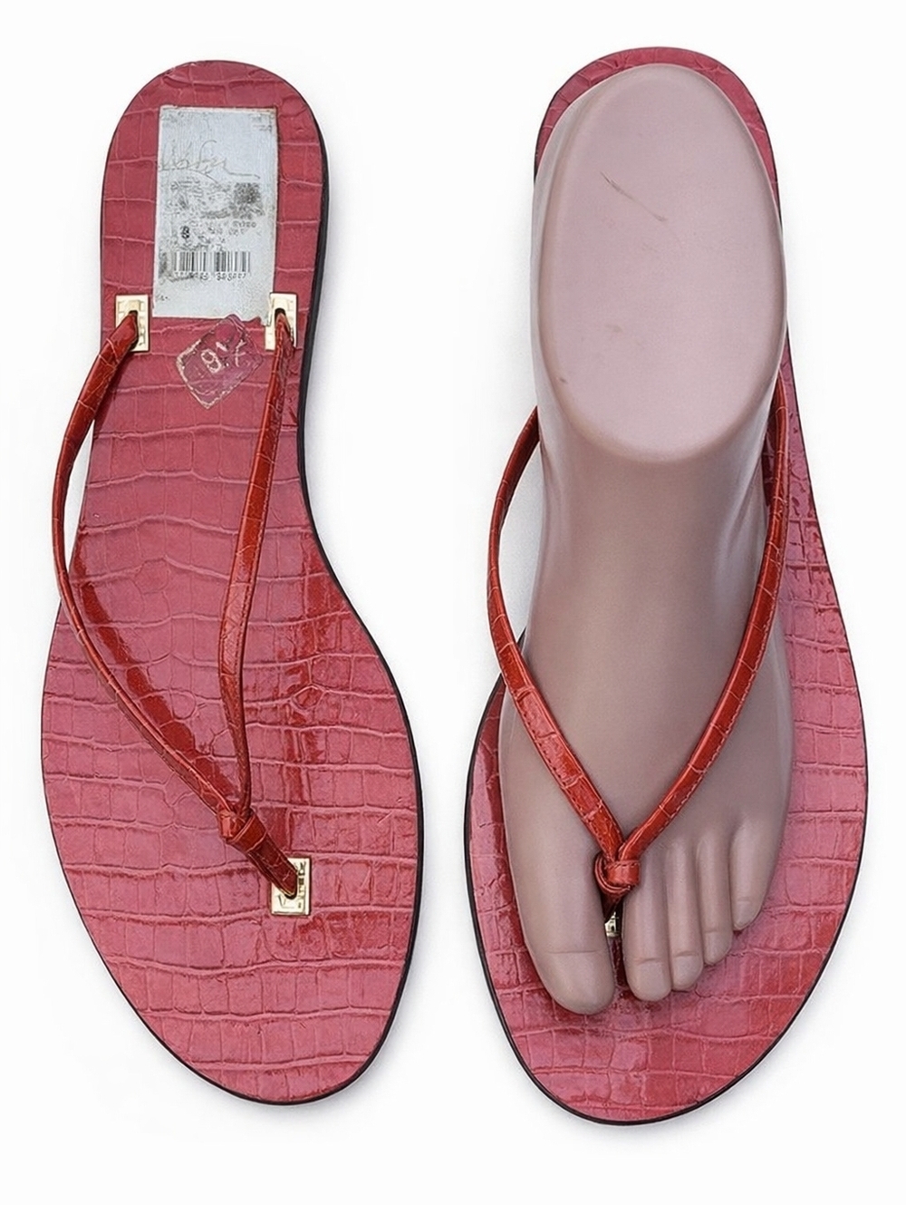 Lauren Ralph Lauren Croc Embossed Thong Sandals Flip Flops Gold Logo Size 9.
